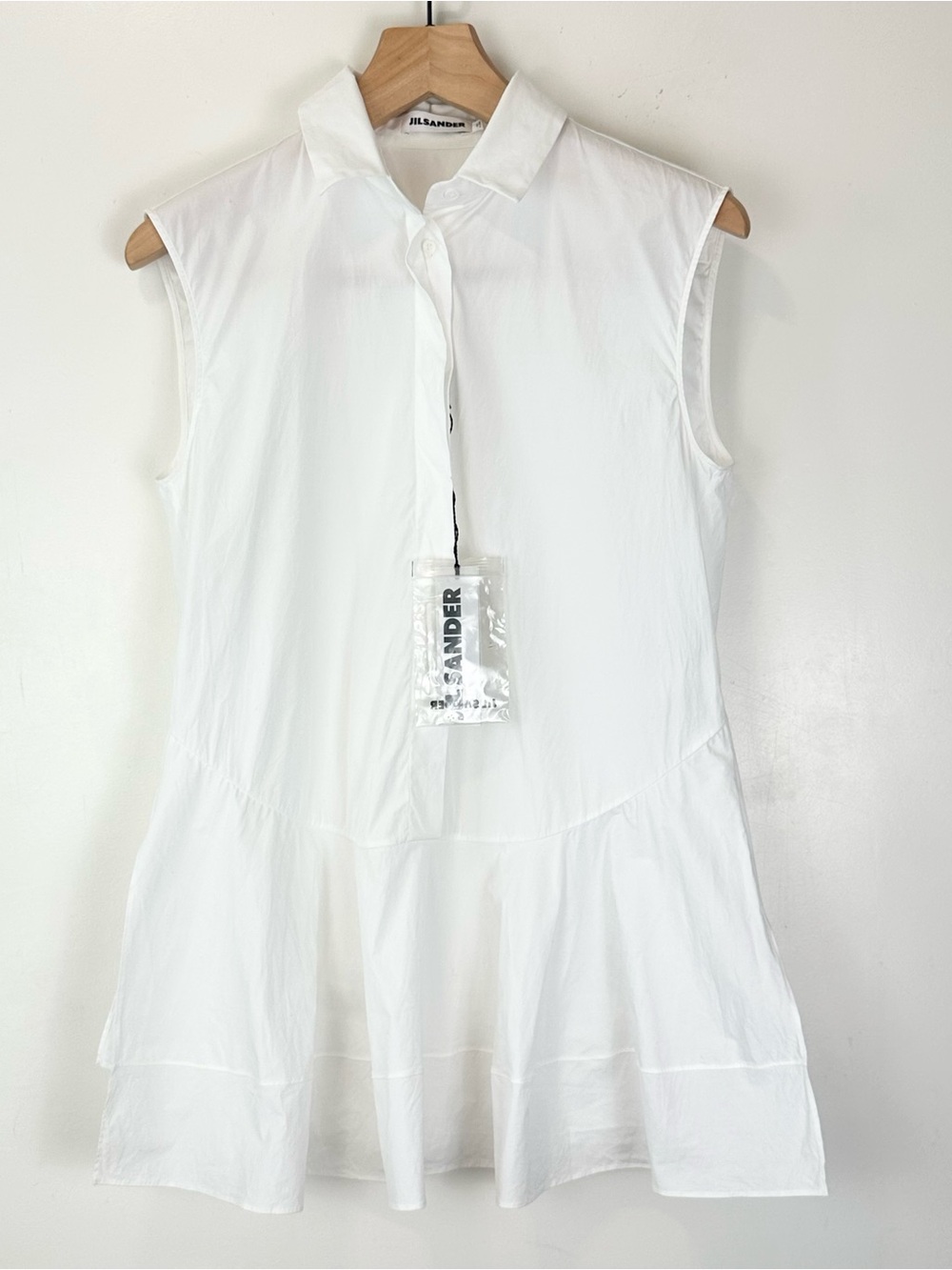 Jil Sander Sleeveless Poplin Cotton Tunic Top Dress White Ruffle Hem Italy
